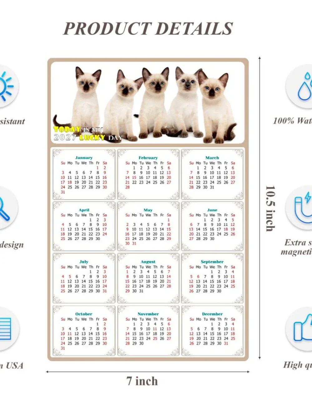 2027 Magnetic Calendar - Today is my Lucky Day - Cat Themed 020 (7 x 10.5)
